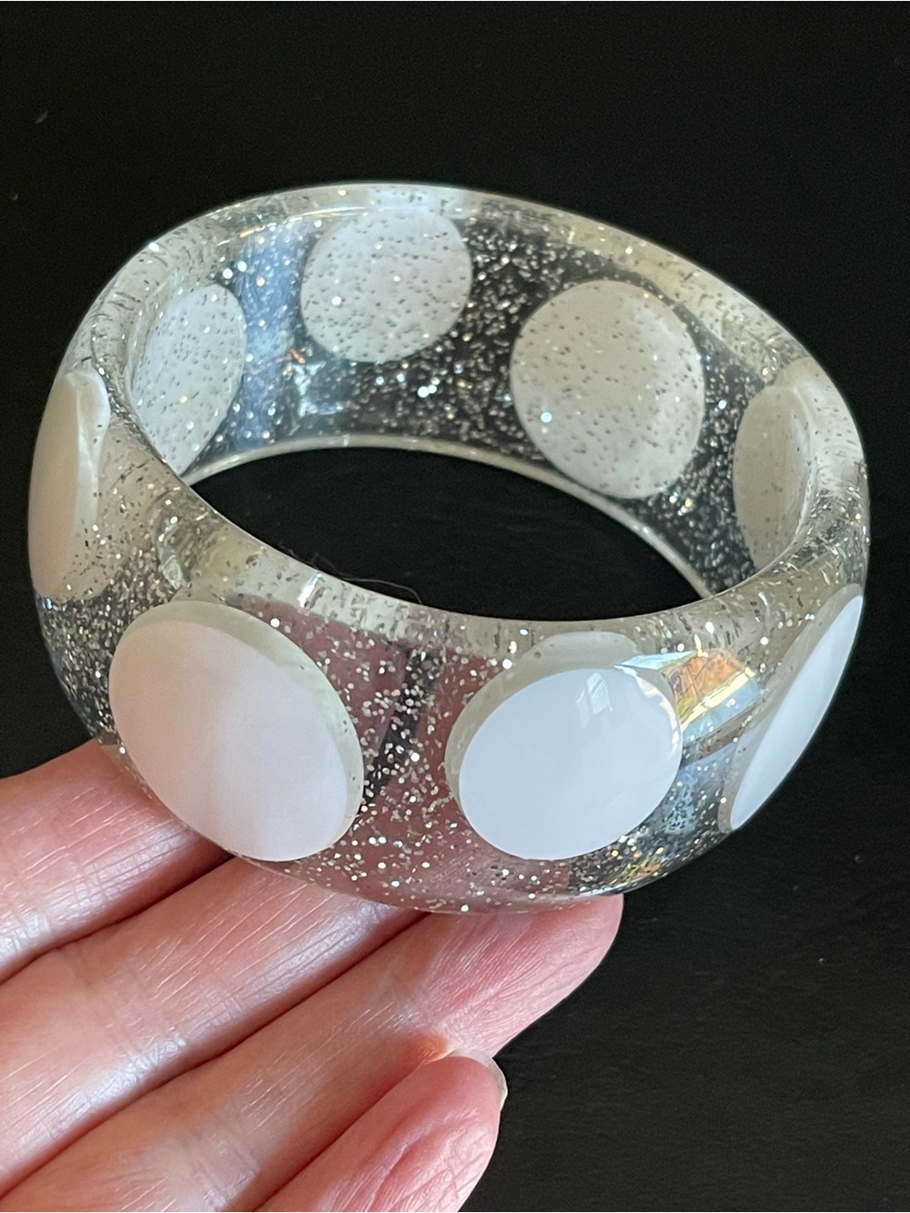 Vintage Clear Lucite silver glitter Bangle with White Polka Dots.